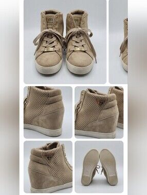 GUESS Tan Suede High-Top Sneakers Gold Accents Size 6